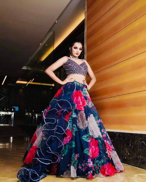 Navy Blue Color Organza Net Printed Lehenga Choli Clothsvilla Main image
