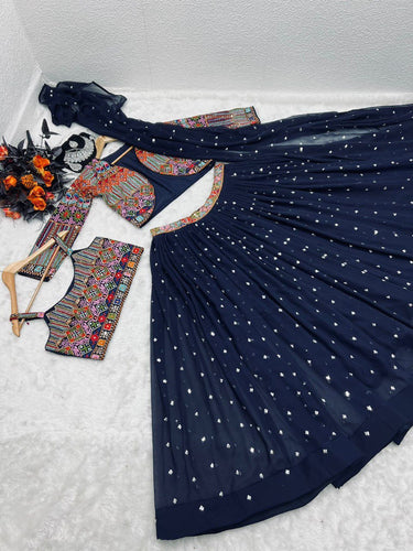 Navy Blue Color Sequence Work Lehenga Choli With Shrug Clothsvilla