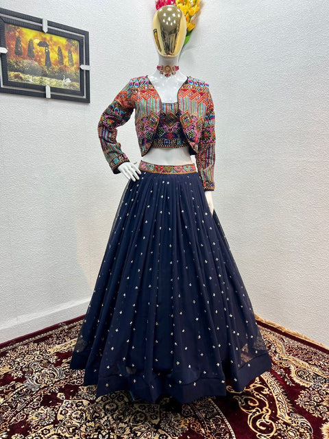Navy Blue Color Sequence Work Lehenga Choli With Shrug Clothsvilla Main image