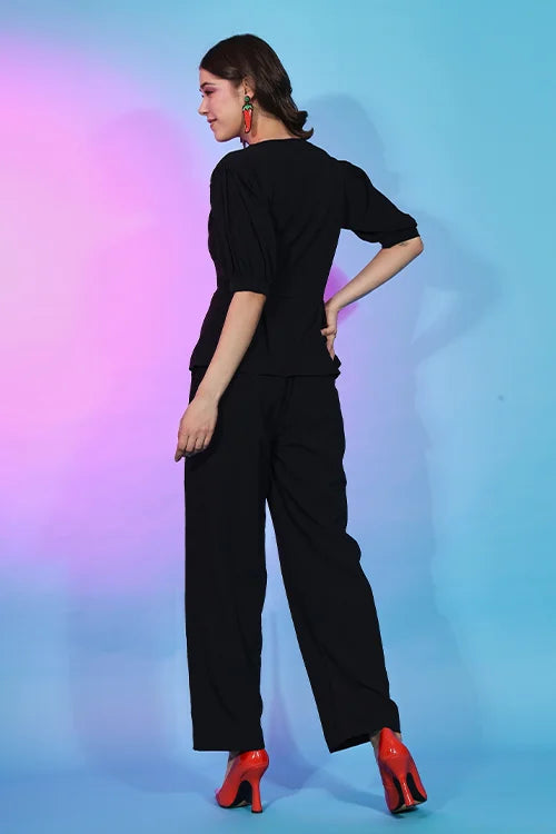 Navy Blue Fancy Fabric Self Design Co-Ord Set For Women ClothsVilla.com