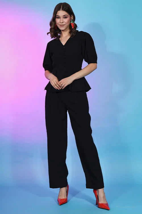 Navy Blue Fancy Fabric Self Design Co-Ord Set For Women ClothsVilla.com