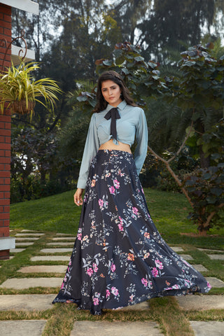 Navy Blue Floral Crepe Indo Western Ready To Wear Skirt With Crop Top ClothsVilla