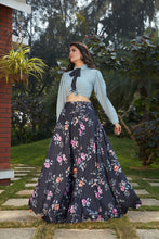 Load image into Gallery viewer, Navy Blue Floral Crepe Indo Western Ready To Wear Skirt With Crop Top ClothsVilla