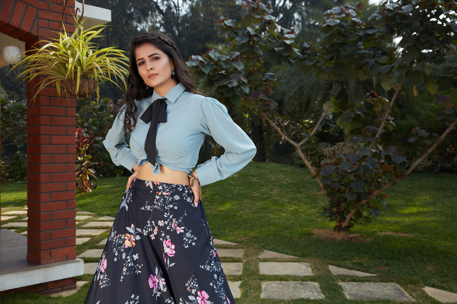 Navy Blue Floral Crepe Indo Western Ready To Wear Skirt With Crop Top ClothsVilla