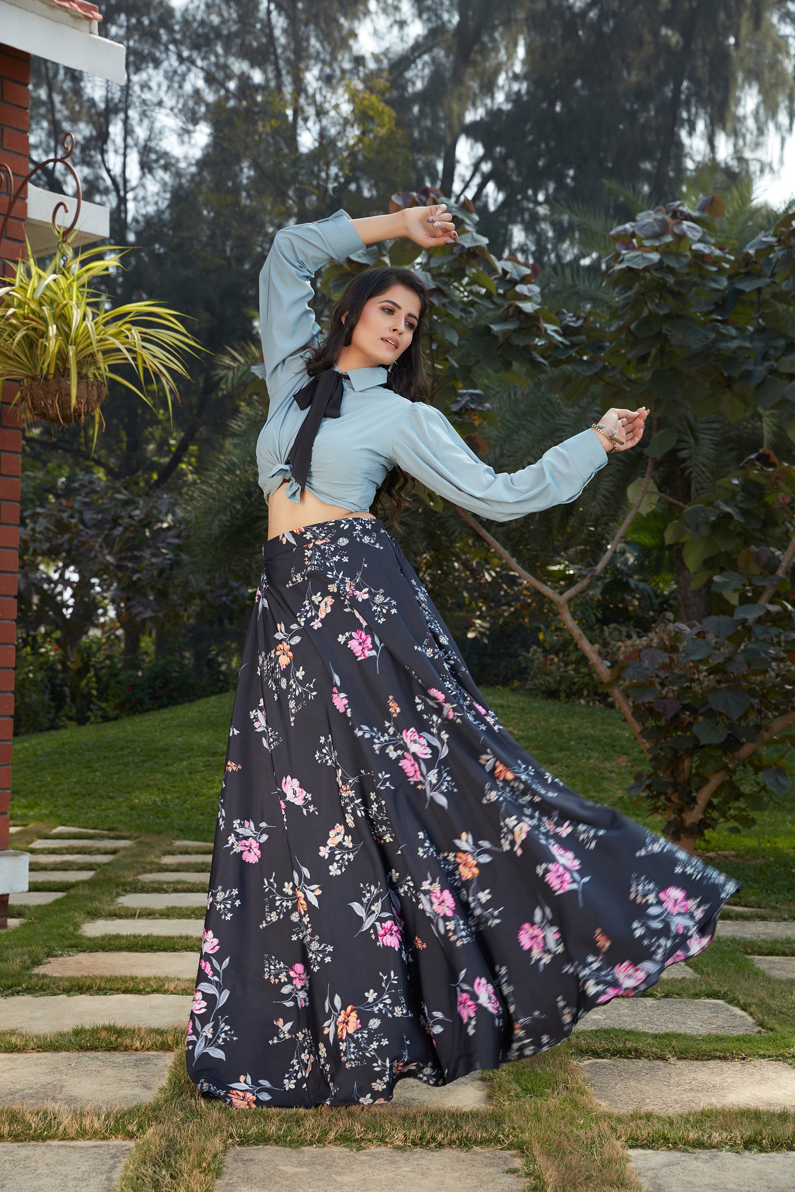 Navy Blue Floral Crepe Indo Western Ready To Wear Skirt With Crop Top ClothsVilla
