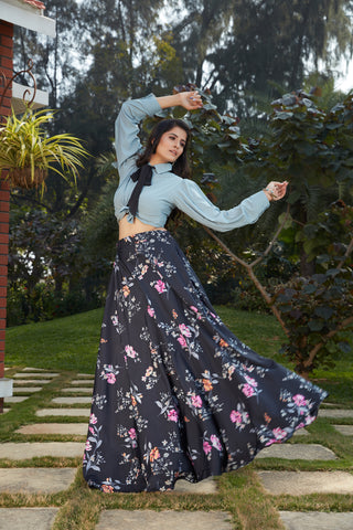Navy Blue Floral Crepe Indo Western Ready To Wear Skirt With Crop Top ClothsVilla