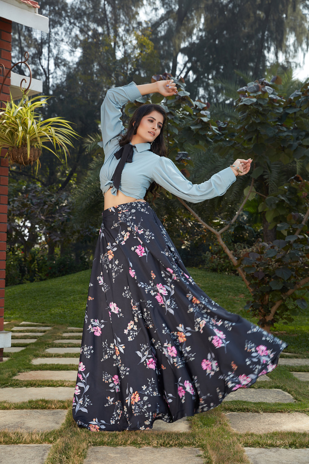 Navy Blue Floral Crepe Indo Western Ready To Wear Skirt With Crop Top ClothsVilla