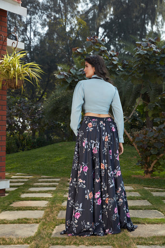 Navy Blue Floral Crepe Indo Western Ready To Wear Skirt With Crop Top ClothsVilla