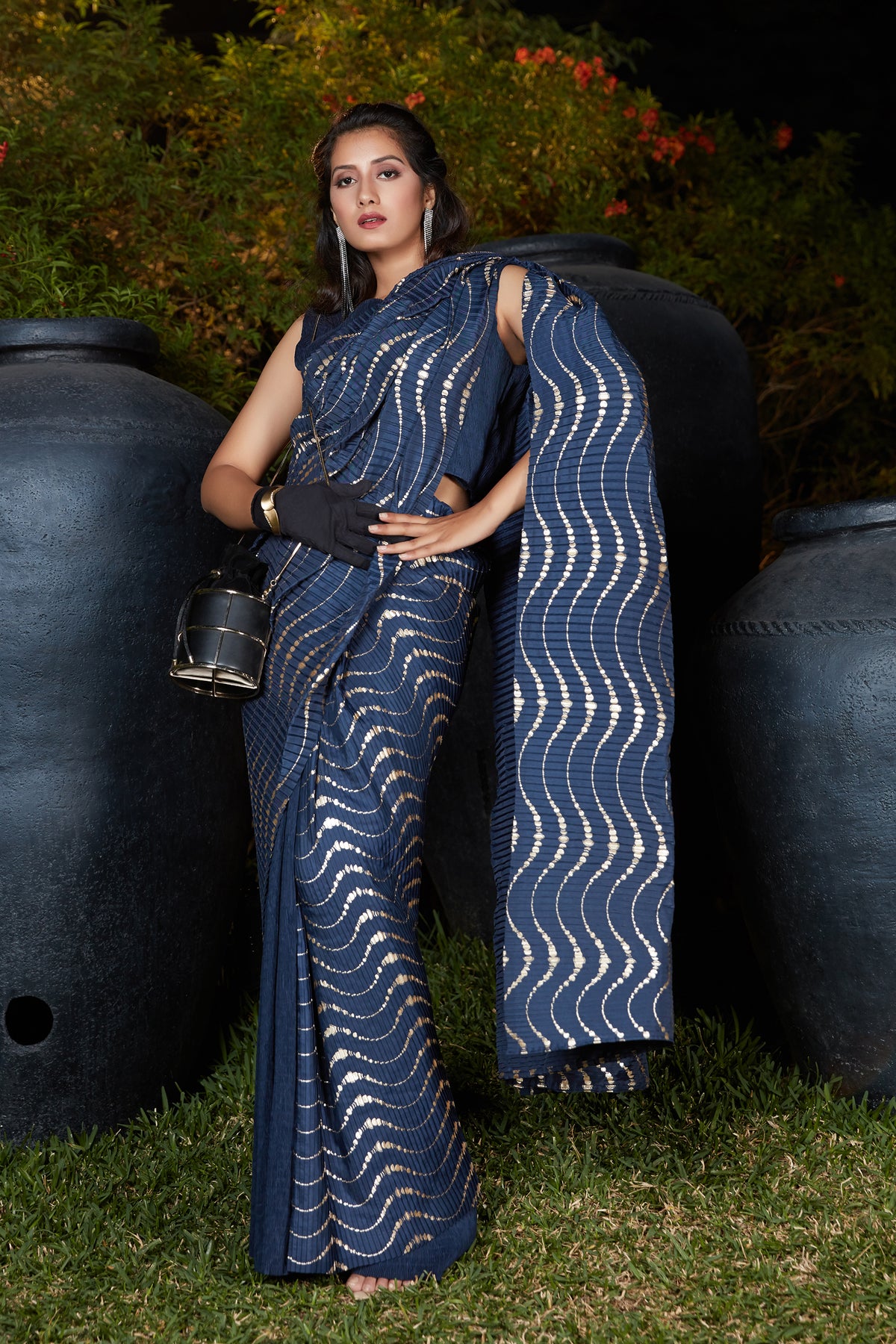 Navy Blue Foil Work Silk Party Wear Pleated Saree With Blouse ClothsVilla Main image