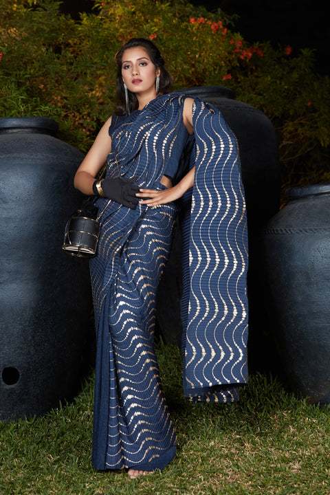 Navy Blue Foil Work Silk Party Wear Pleated Saree With Blouse ClothsVilla Main image