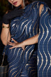 Load image into Gallery viewer, Navy Blue Foil Work Silk Party Wear Pleated Saree With Blouse ClothsVilla