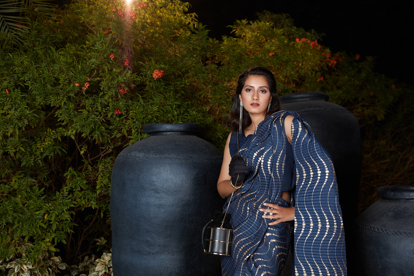 Navy Blue Foil Work Silk Party Wear Pleated Saree With Blouse ClothsVilla