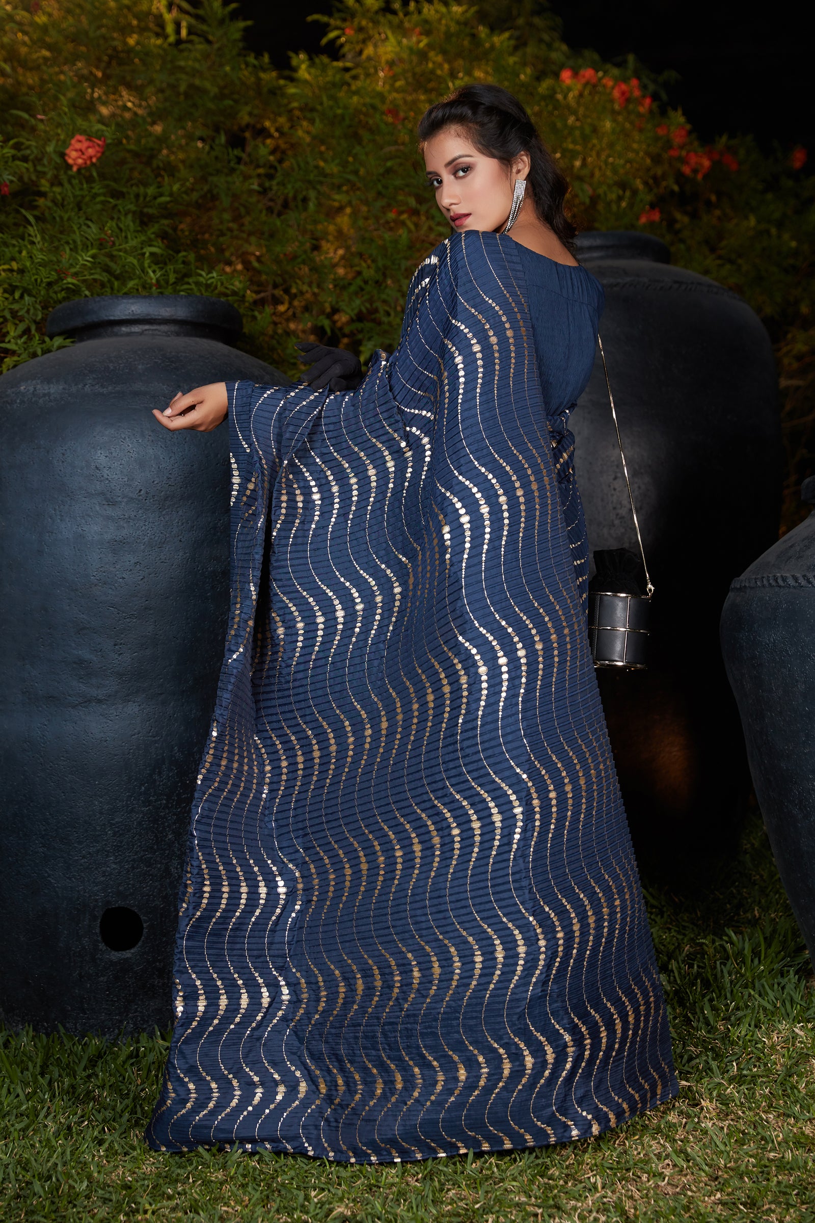 Navy Blue Foil Work Silk Party Wear Pleated Saree With Blouse ClothsVilla