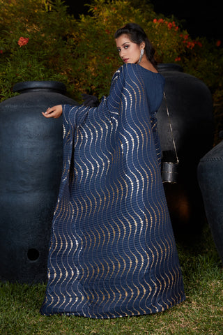 Navy Blue Foil Work Silk Party Wear Pleated Saree With Blouse ClothsVilla