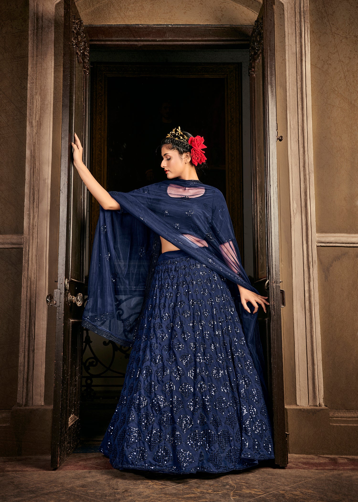 Navy Blue Georgette Bridal Wear Embroidery Work Lehenga Choli ClothsVilla