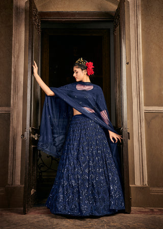 Navy Blue Georgette Bridal Wear Embroidery Work Lehenga Choli ClothsVilla