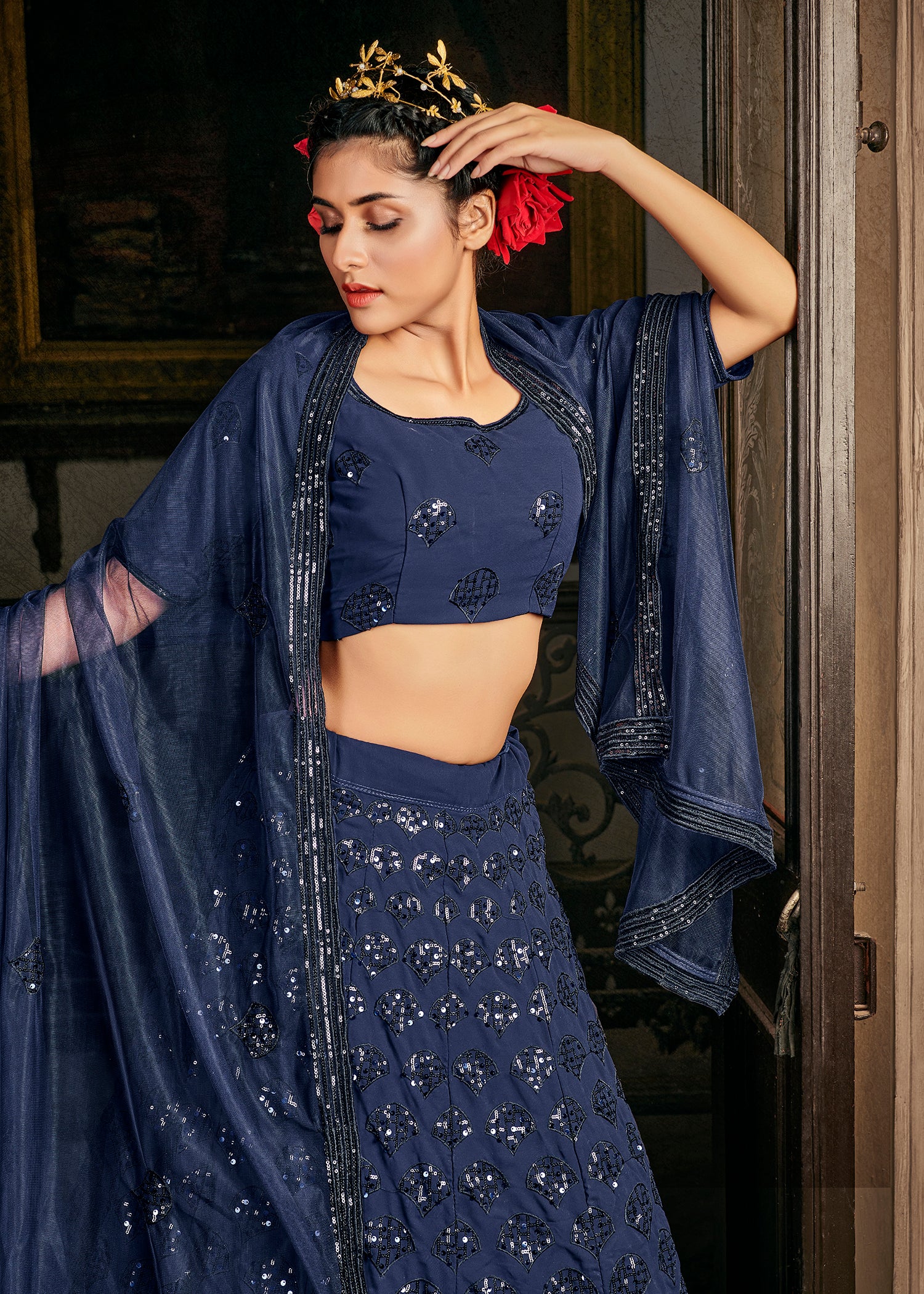 Navy Blue Georgette Bridal Wear Embroidery Work Lehenga Choli ClothsVilla