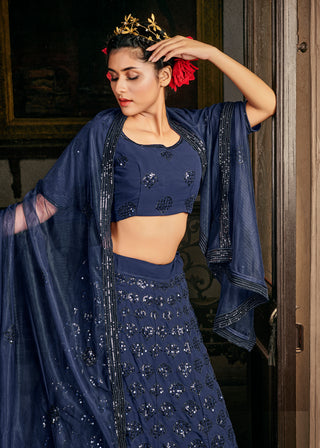 Navy Blue Georgette Bridal Wear Embroidery Work Lehenga Choli ClothsVilla