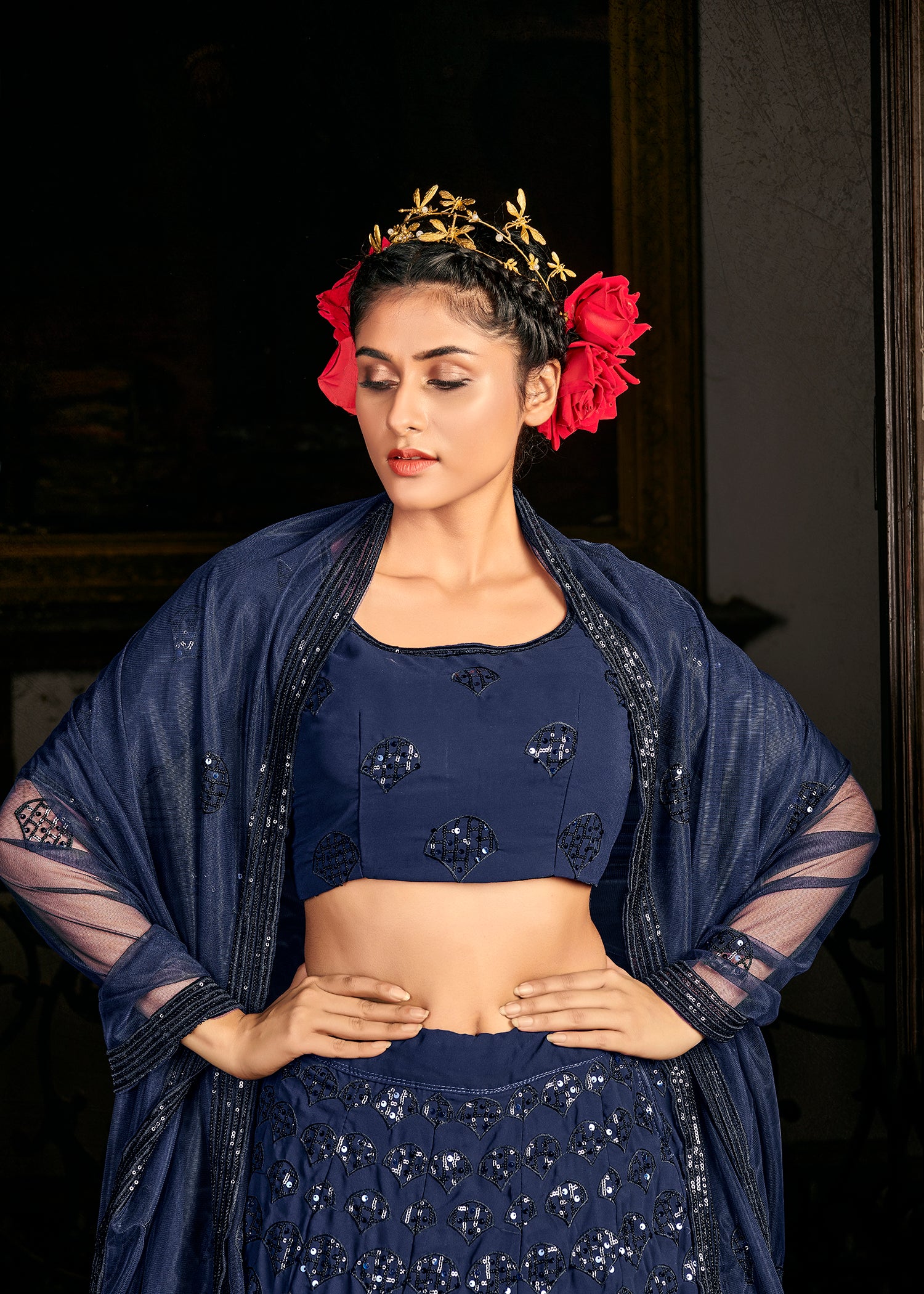 Navy Blue Georgette Bridal Wear Embroidery Work Lehenga Choli ClothsVilla