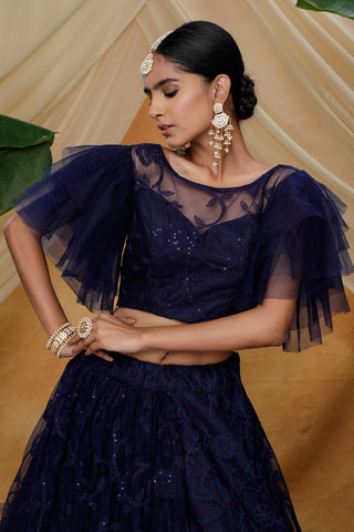 Navy Blue Heavy Net With Embroidered Party Wear Lengha , And Traditional Wear For Women ClothsVilla