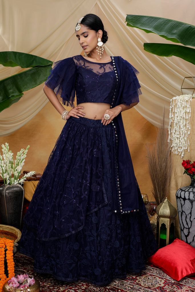Blue and Silver-toned Embellished Semi-stitched Lehenga & Unstitched Blouse  With Dupatta - Etsy
