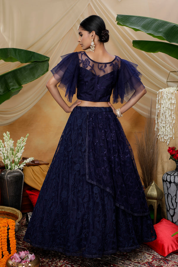 Navy Blue Heavy Net With Embroidered Party Wear Lengha , And Traditional Wear For Women ClothsVilla
