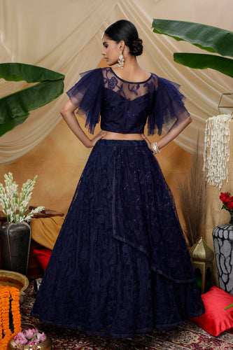 Navy Blue Heavy Net With Embroidered Party Wear Lengha , And Traditional Wear For Women ClothsVilla