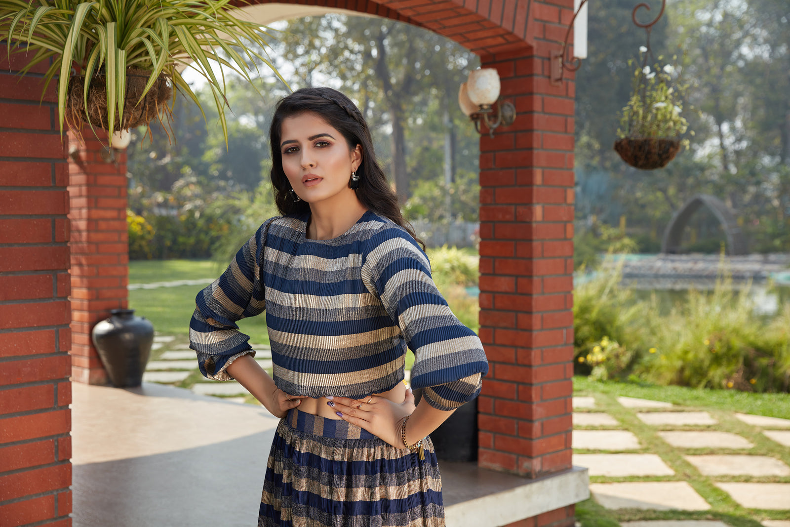 Navy Blue Imported Indo Western Ready To Wear Skirt With Crop Top ClothsVilla