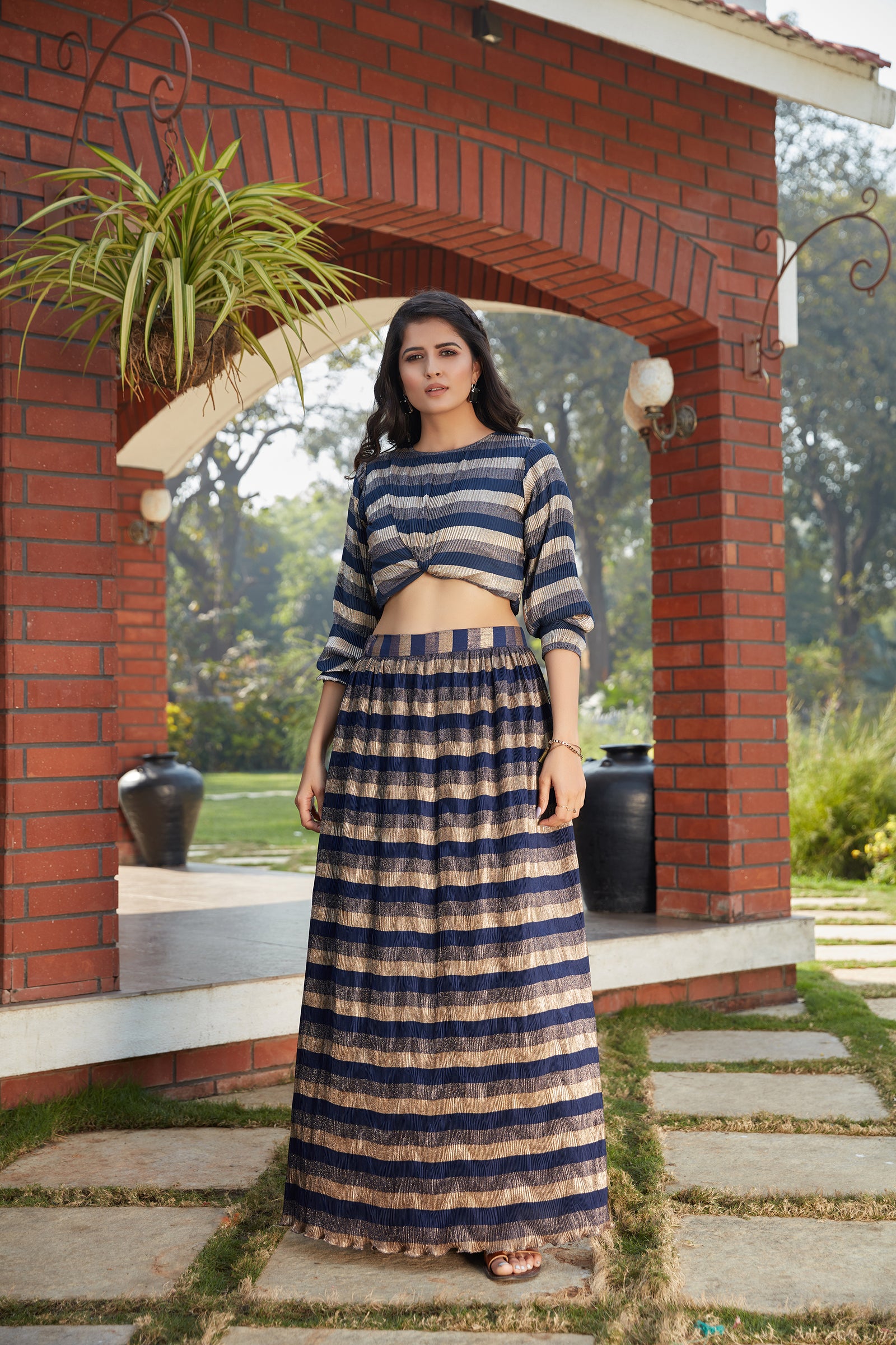 Navy Blue Imported Indo Western Ready To Wear Skirt With Crop Top ClothsVilla