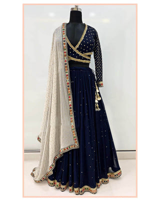 Navy Blue Lehenga Choli in Georgette with Mukaish Work Clothsvilla
