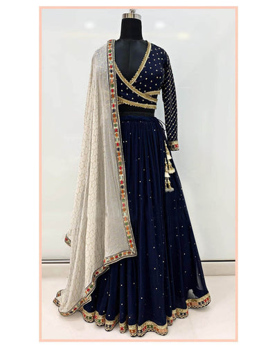 Navy Blue Lehenga Choli in Georgette with Mukaish Work Clothsvilla