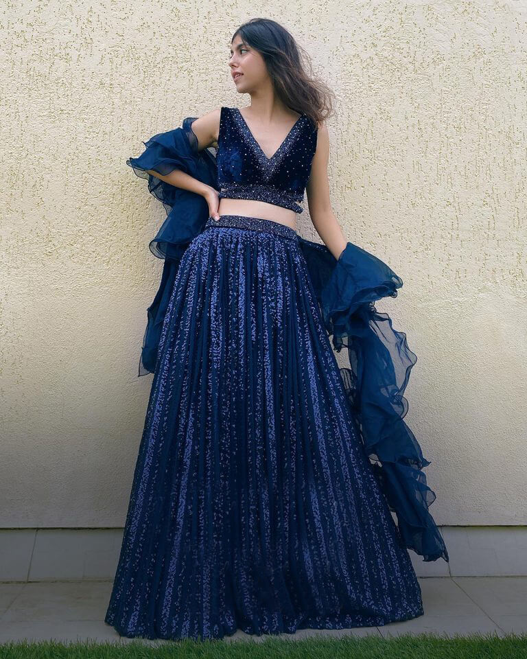 Navy Blue Lehenga Choli in Georgette with Sequence Work Navy Blue Lehenga Choli in Georgette with Sequence Work