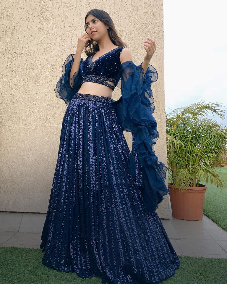 Navy Blue Lehenga Choli in Georgette with Sequence Work Clothsvilla