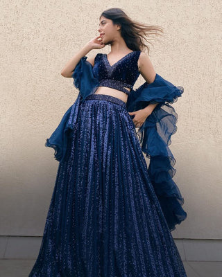 Navy Blue Lehenga Choli in Georgette with Sequence Work Clothsvilla