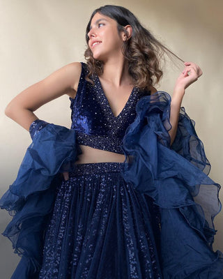 Navy Blue Lehenga Choli in Georgette with Sequence Work Clothsvilla
