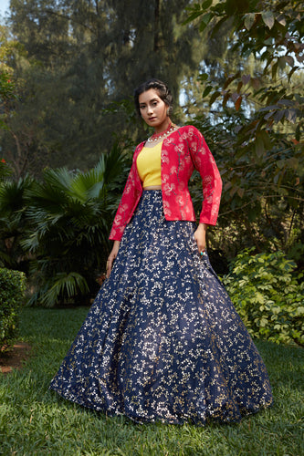 Navy Blue Lehenga Metallic Foil Printed Work With Koti Lehenga, Wedding Wear And Also Party Wear Latest Designer Chaniya Choli For Women ClothsVilla