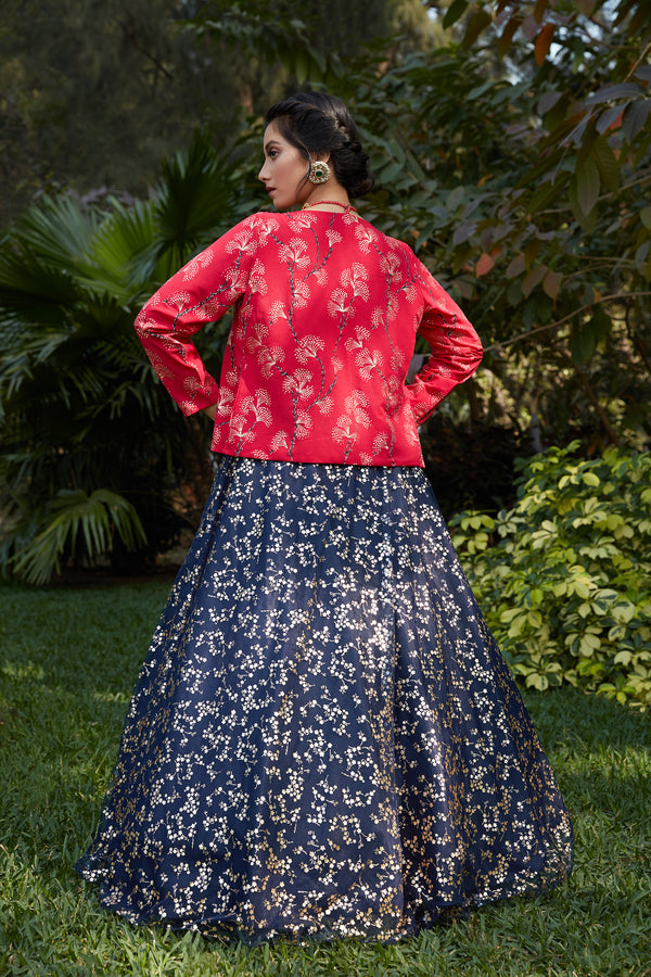 Navy Blue Lehenga Metallic Foil Printed Work With Koti Lehenga, Wedding Wear And Also Party Wear Latest Designer Chaniya Choli For Women ClothsVilla