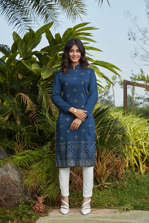 Navy Blue Mukaish Worked Cotton Readymade Kurti ClothsVilla Main image