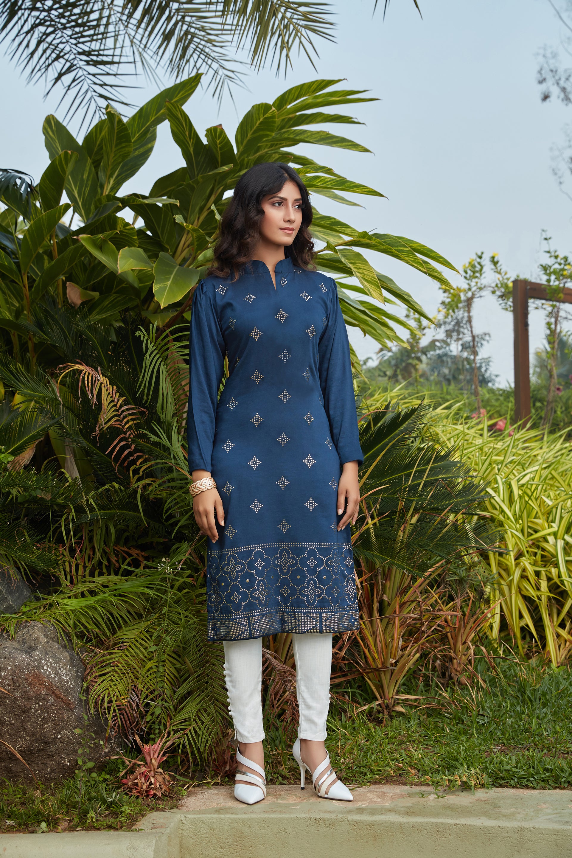 Navy Blue Mukaish Worked Cotton Readymade Kurti ClothsVilla