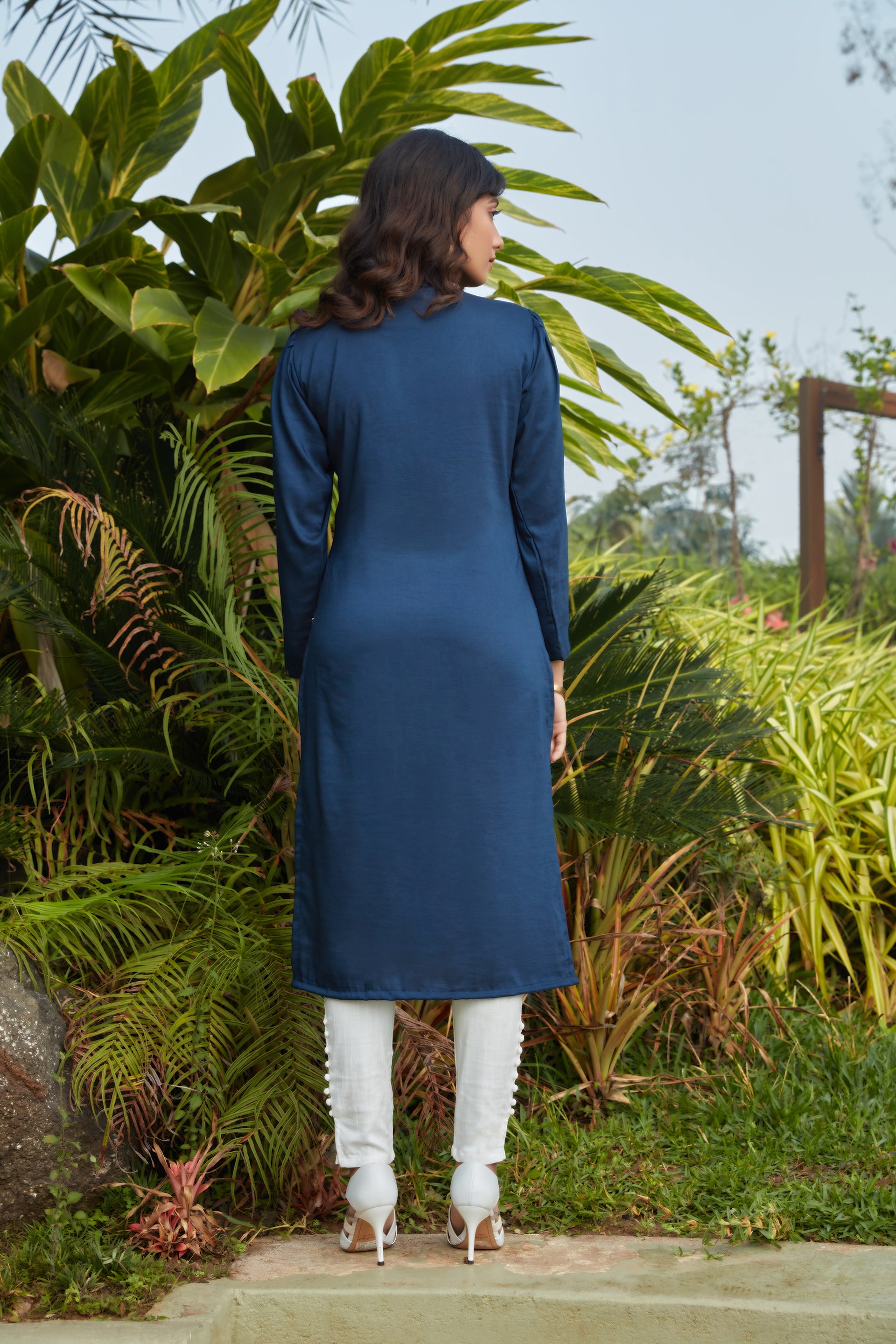 Navy Blue Mukaish Worked Cotton Readymade Kurti ClothsVilla