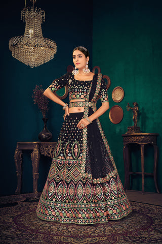 Navy Blue Multi Thread Embroidered Georgette Wedding Lehenga Choli ClothsVilla