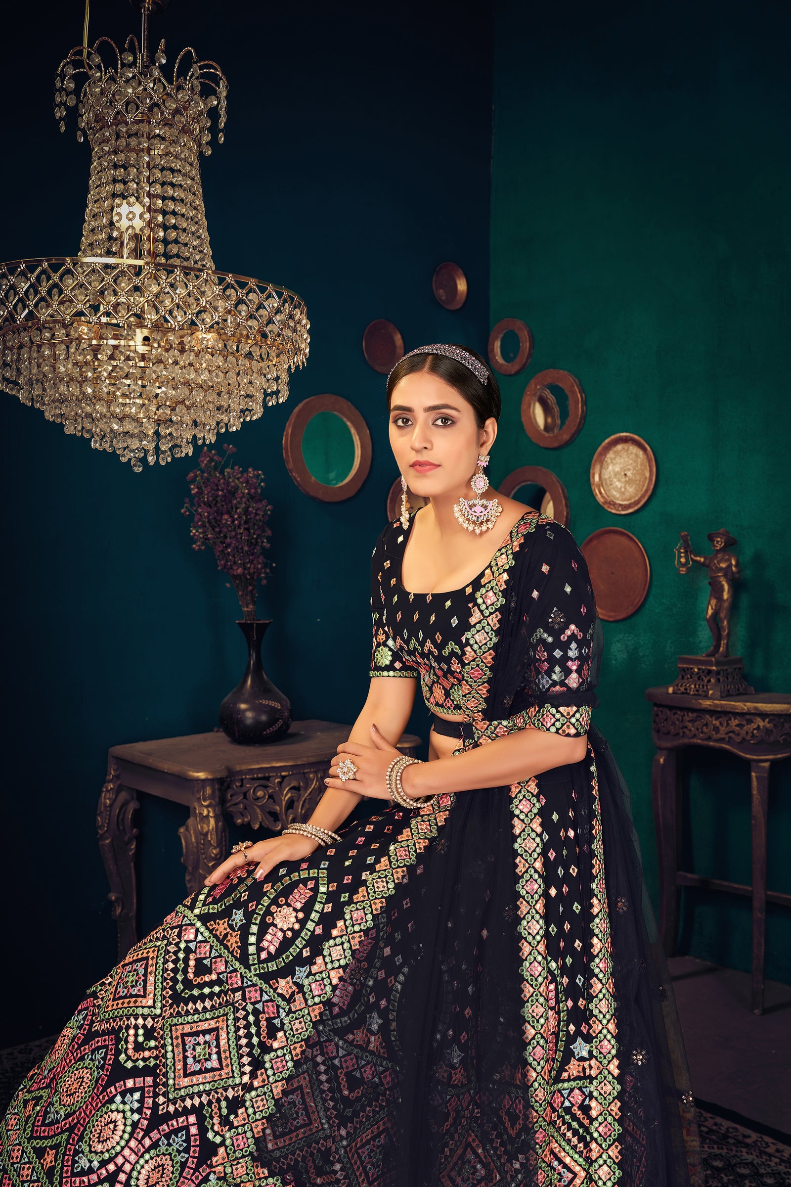 Navy Blue Multi Thread Embroidered Georgette Wedding Lehenga Choli ClothsVilla