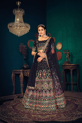 Navy Blue Multi Thread Embroidered Georgette Wedding Lehenga Choli ClothsVilla