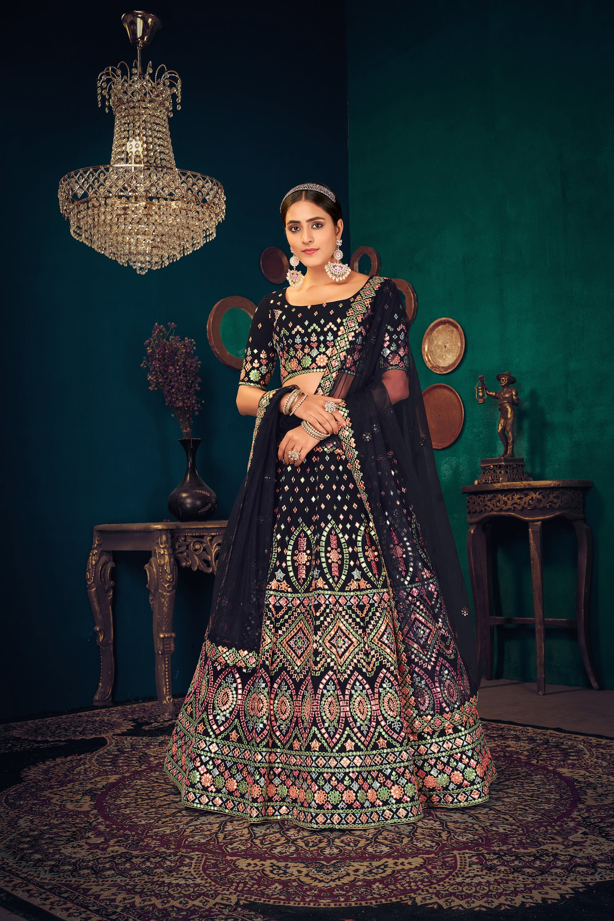 Navy Blue Multi Thread Embroidered Georgette Wedding Lehenga Choli ClothsVilla