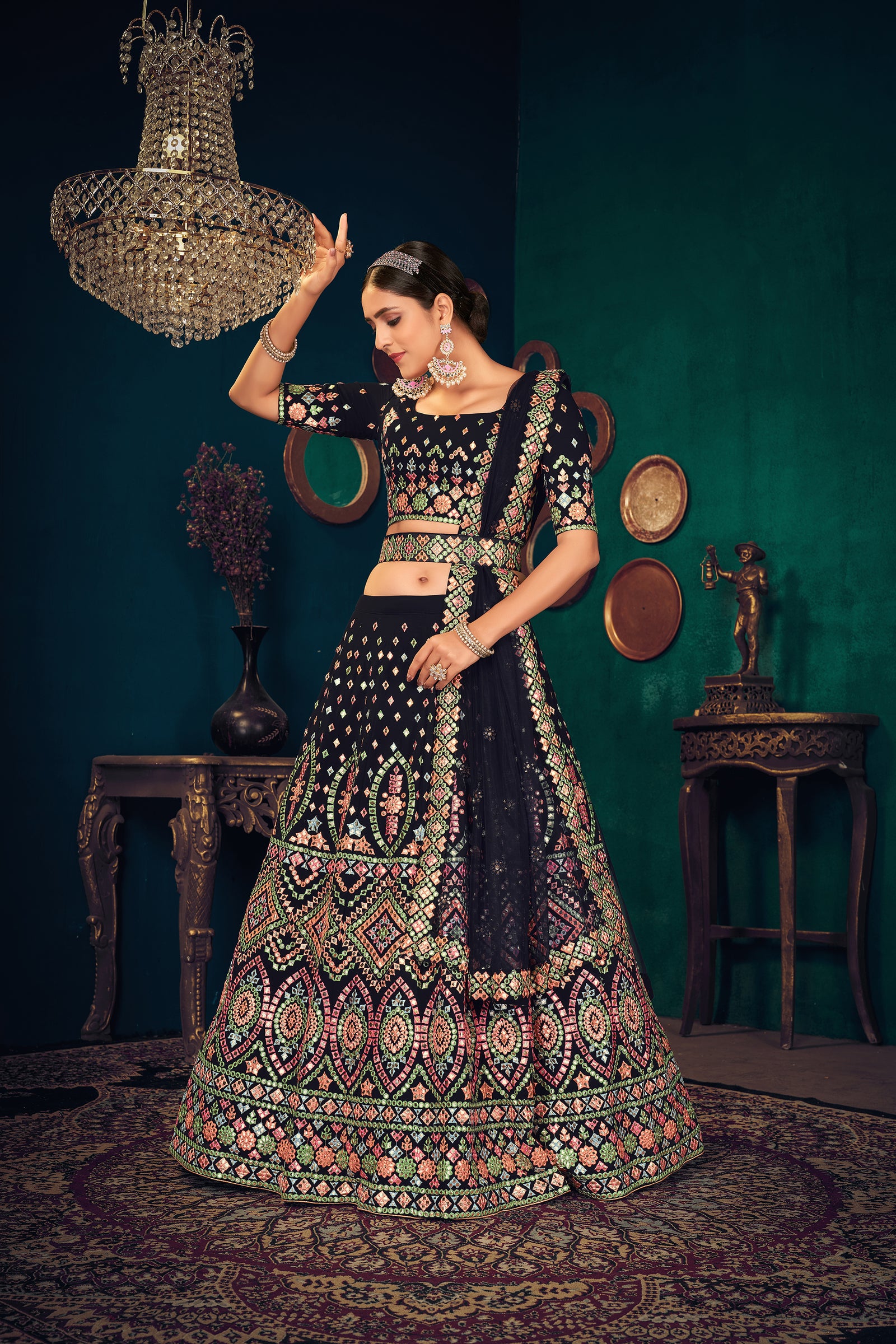 Navy Blue Multi Thread Embroidered Georgette Wedding Lehenga Choli ClothsVilla