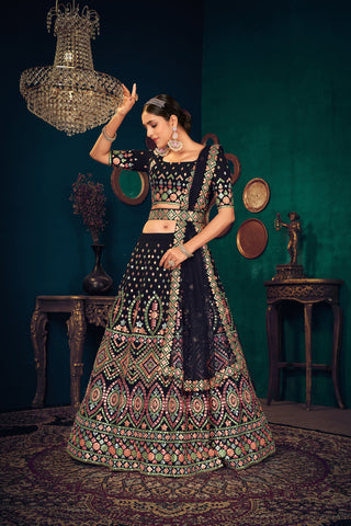 Navy Blue Multi Thread Embroidered Georgette Wedding Lehenga Choli ClothsVilla