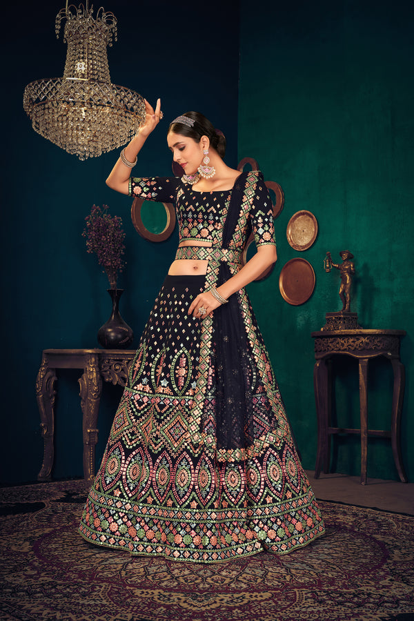Navy Blue Multi Thread Embroidered Georgette Wedding Lehenga Choli ClothsVilla