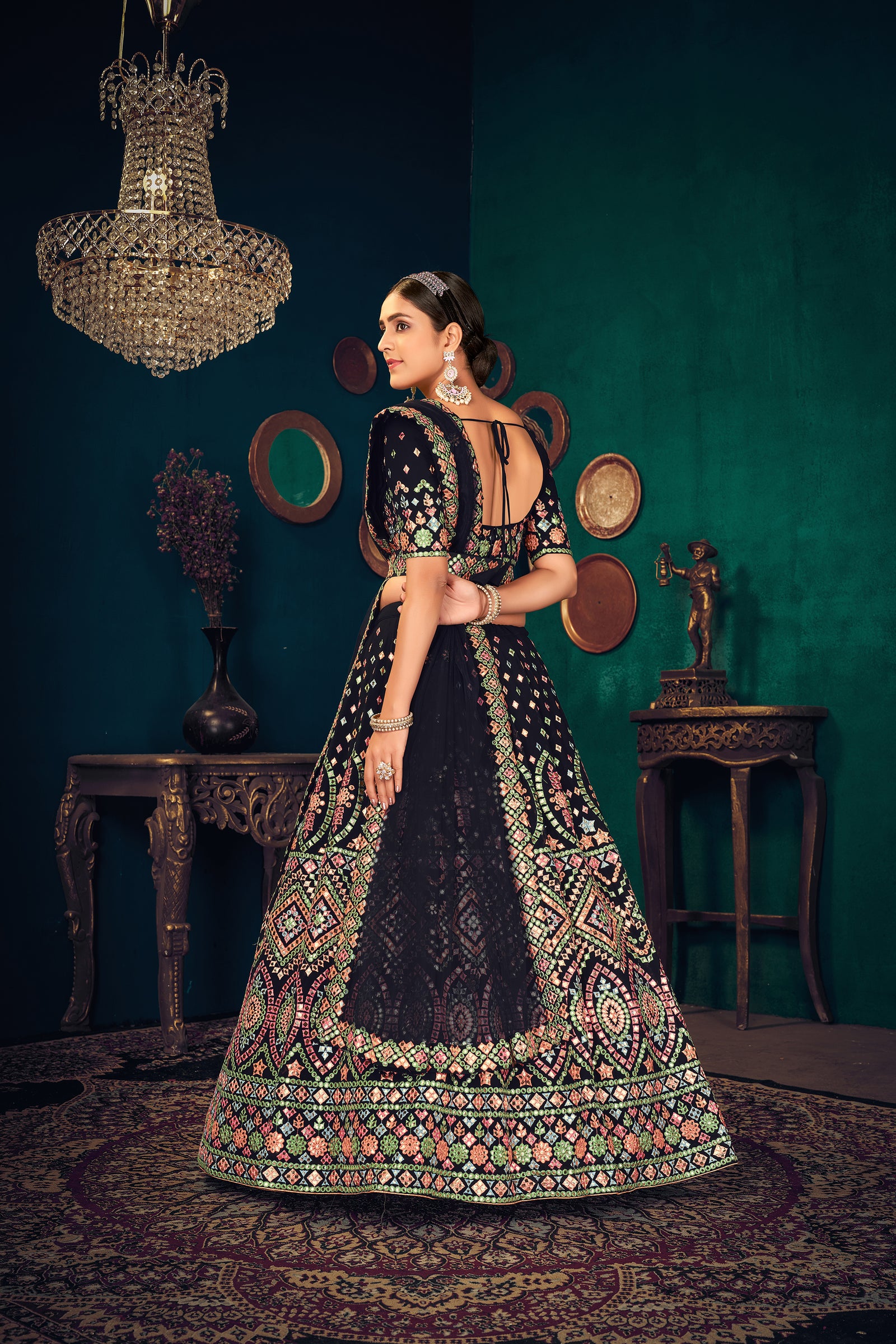Navy Blue Multi Thread Embroidered Georgette Wedding Lehenga Choli ClothsVilla