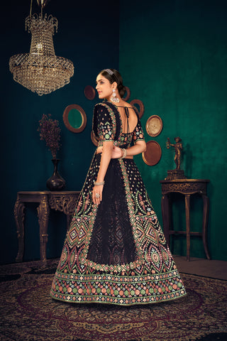 Navy Blue Multi Thread Embroidered Georgette Wedding Lehenga Choli ClothsVilla