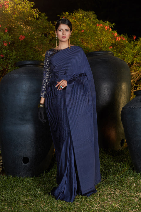 Navy Blue Pleated Foil Work Silk Party Wear Saree With Blouse ClothsVilla Main image